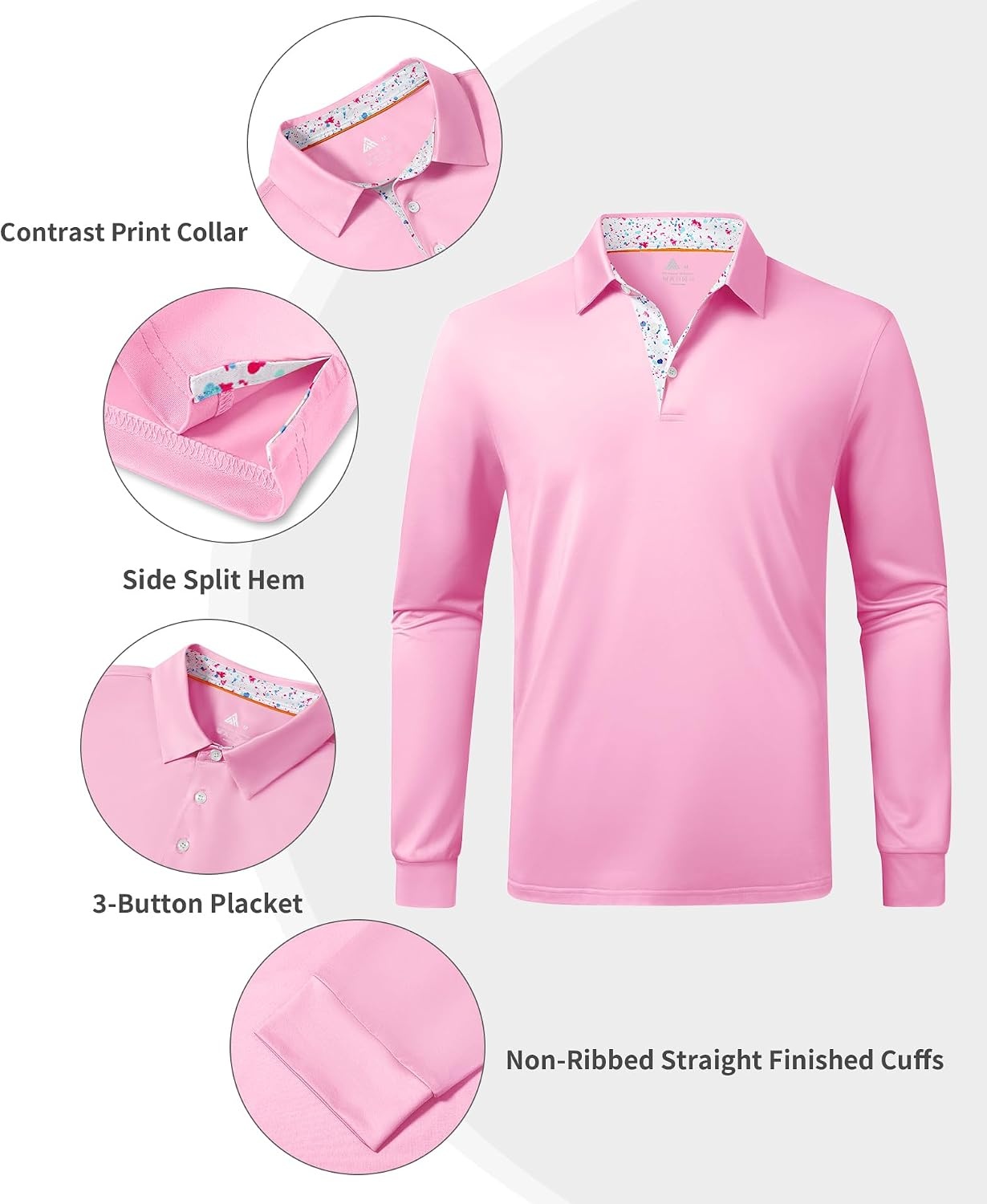 image:imageZITY Mens Long Sleeve Golf Shirts Performance Print Collared Polo ShirtPink