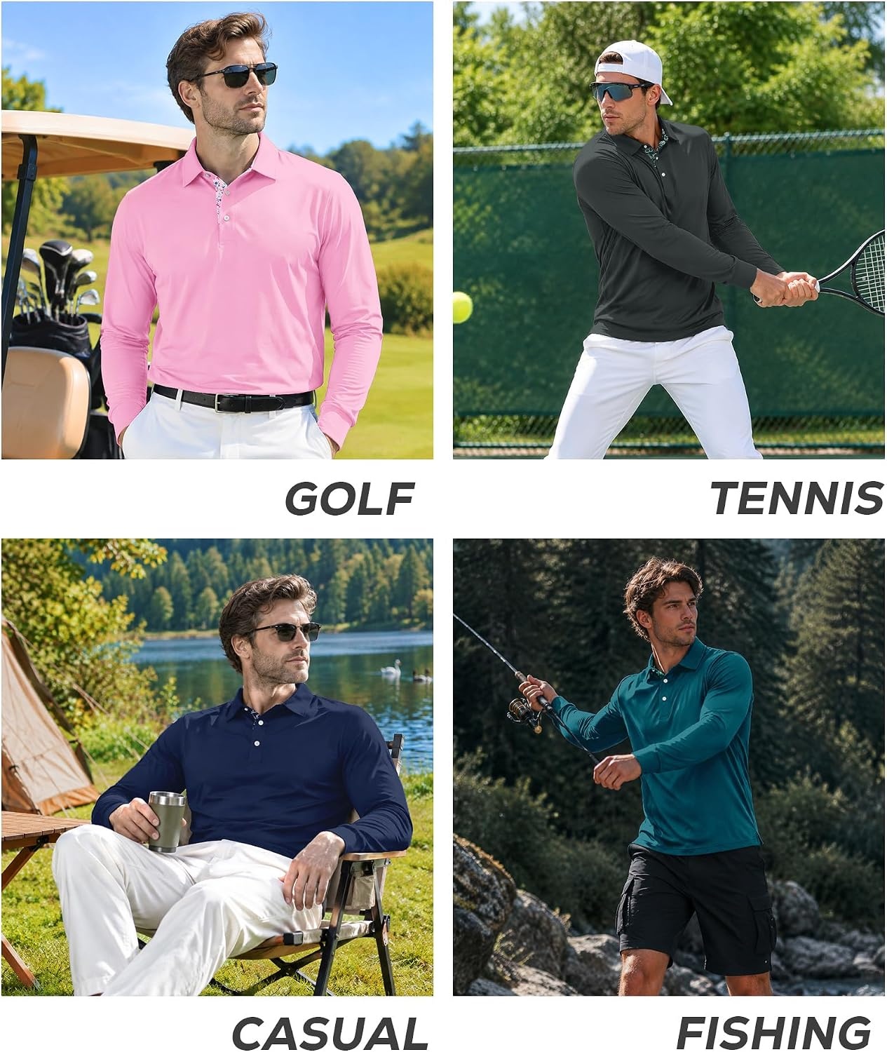 image:imageZITY Mens Long Sleeve Golf Shirts Performance Print Collared Polo ShirtPink