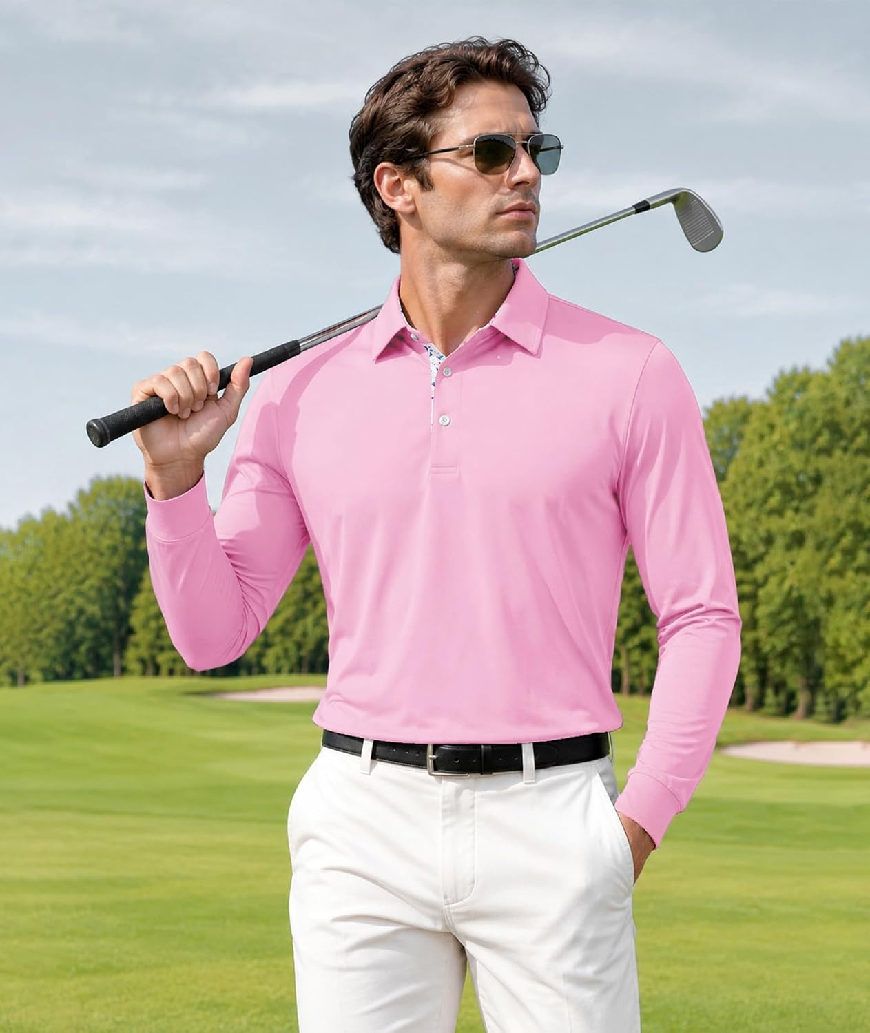 image:imageZITY Mens Long Sleeve Golf Shirts Performance Print Collared Polo ShirtPink