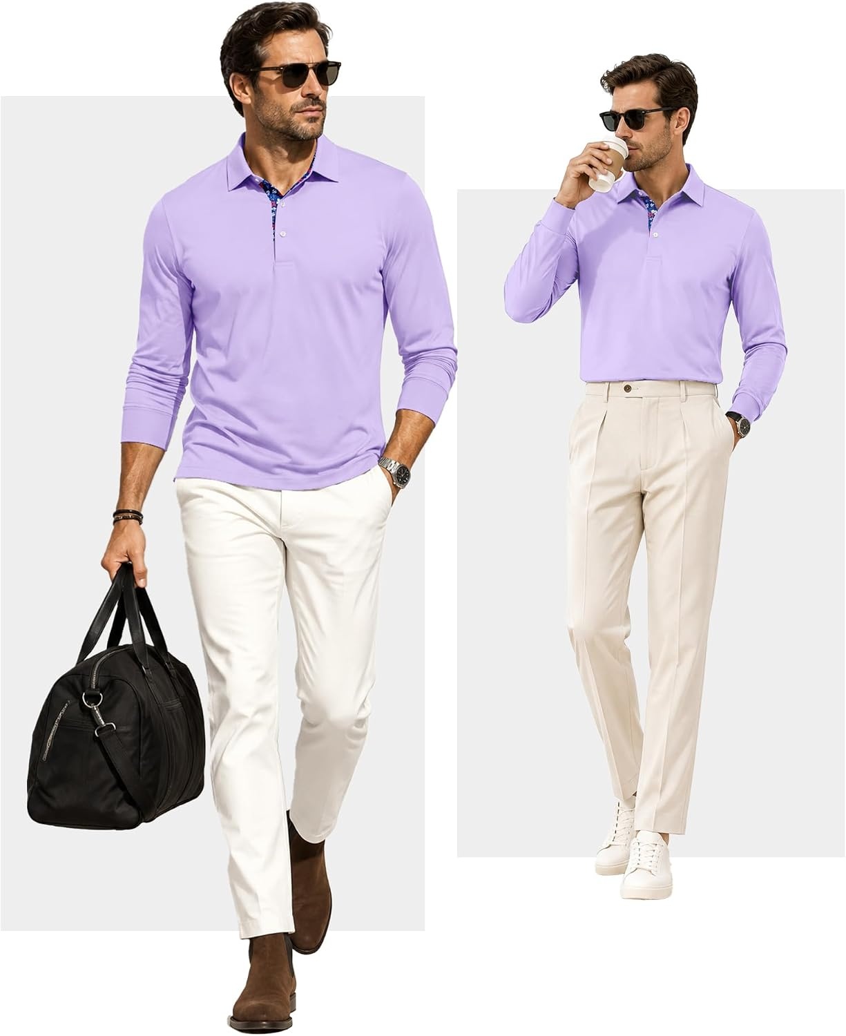 image:imageZITY Mens Long Sleeve Golf Shirts Performance Print Collared Polo ShirtPurple