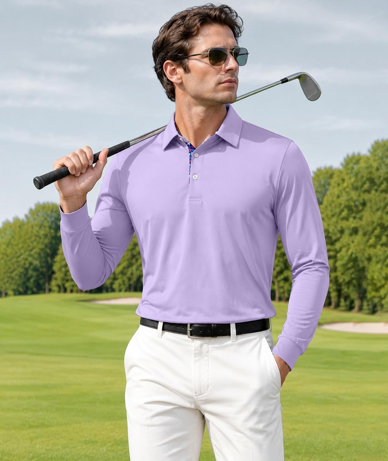 image:imageZITY Mens Long Sleeve Golf Shirts Performance Print Collared Polo ShirtPurple