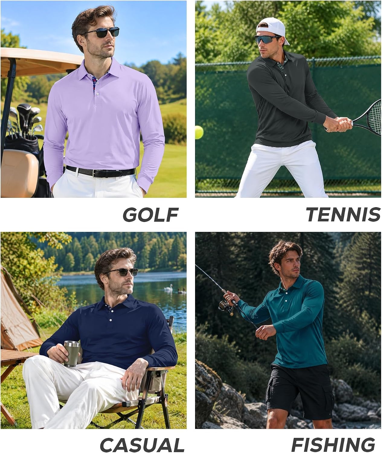 image:imageZITY Mens Long Sleeve Golf Shirts Performance Print Collared Polo ShirtPurple