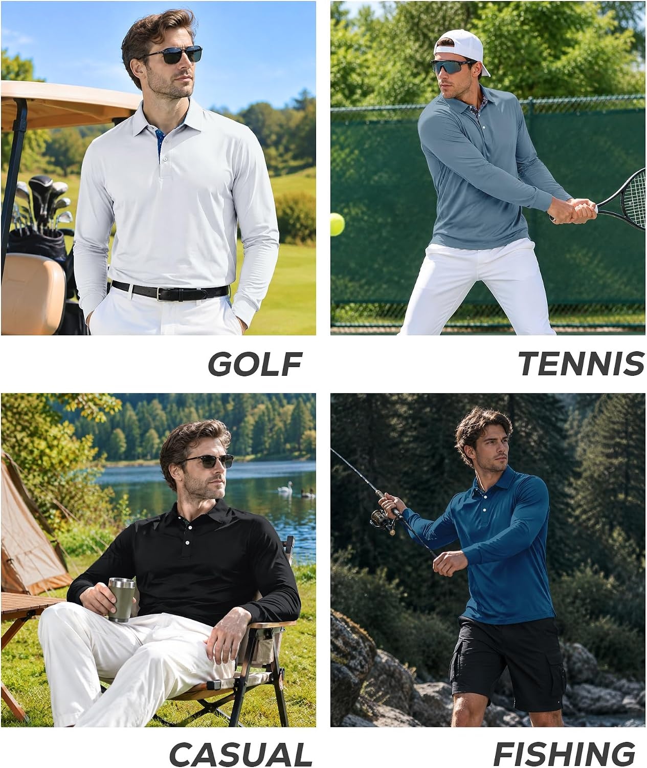 image:imageZITY Mens Long Sleeve Golf Shirts Performance Print Collared Polo ShirtWhite
