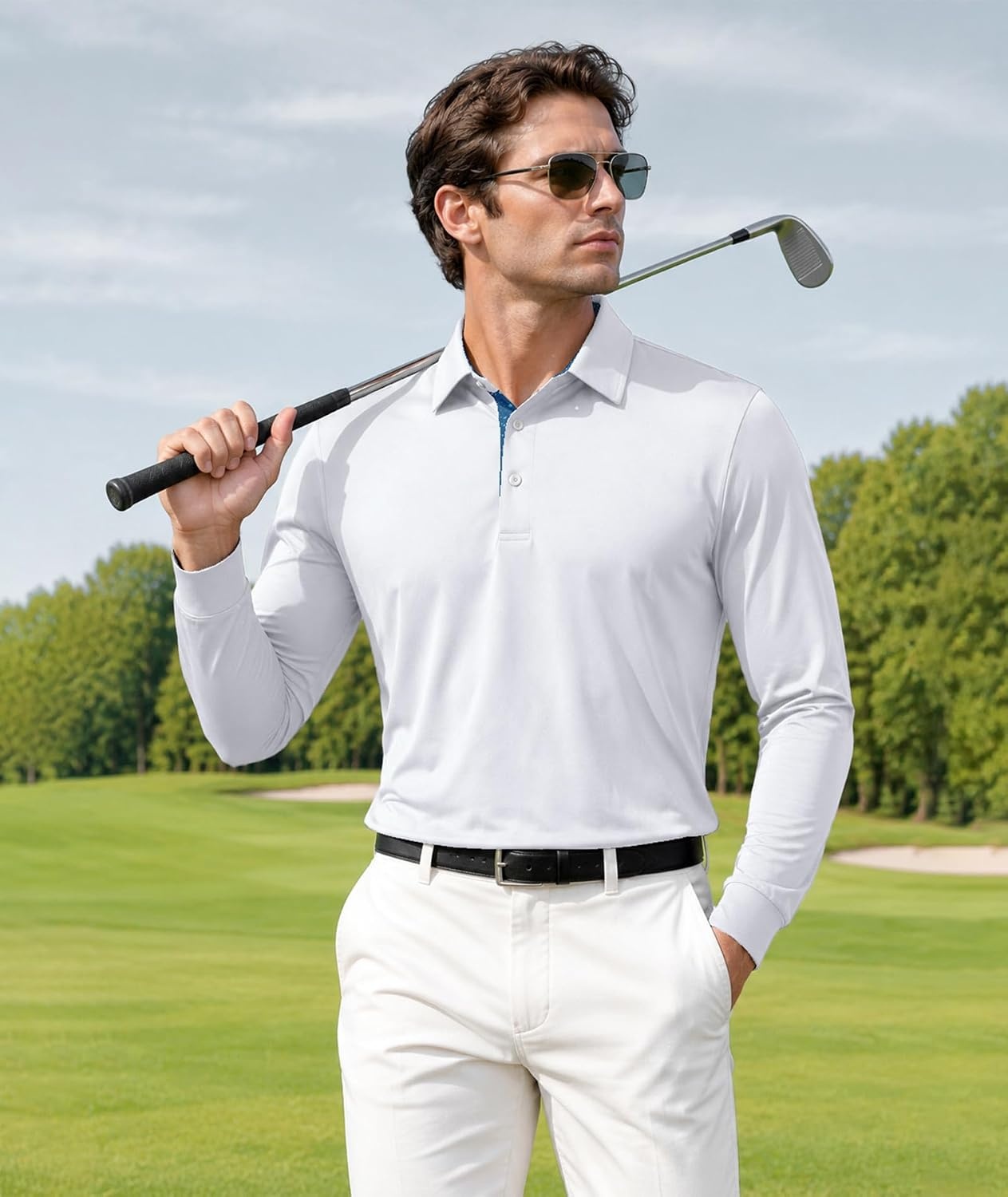 image:imageZITY Mens Long Sleeve Golf Shirts Performance Print Collared Polo ShirtWhite