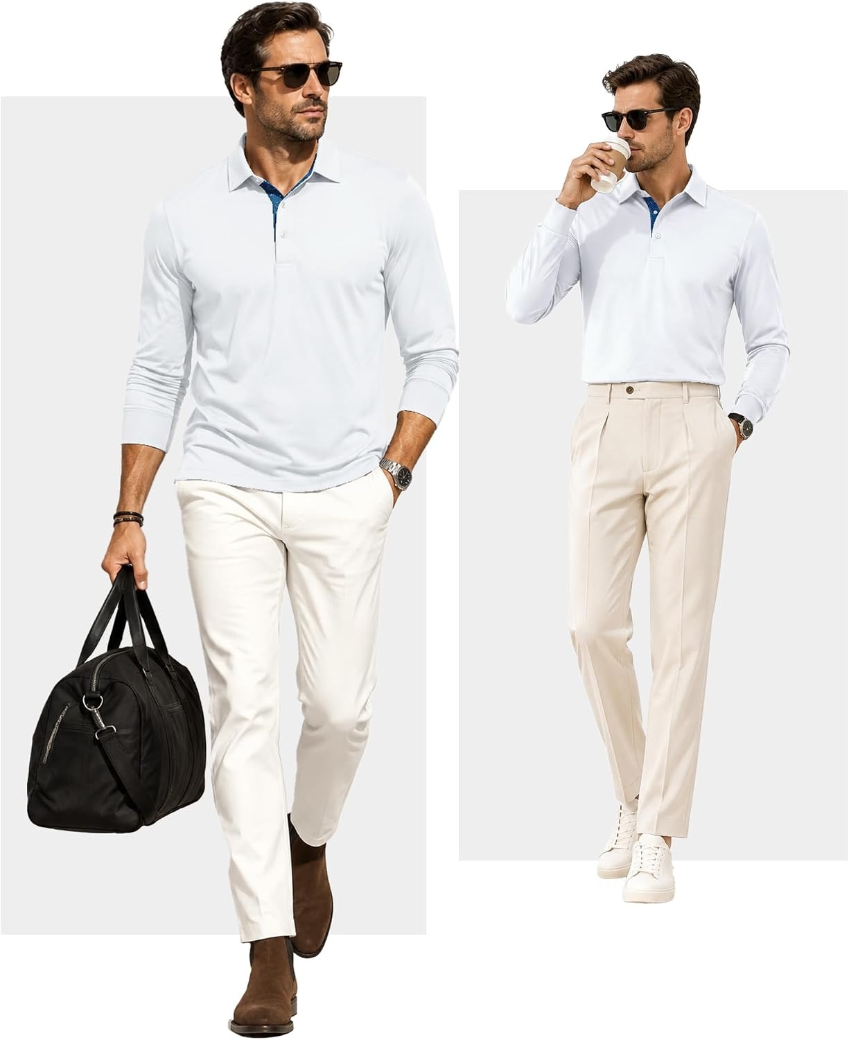 image:imageZITY Mens Long Sleeve Golf Shirts Performance Print Collared Polo ShirtWhite