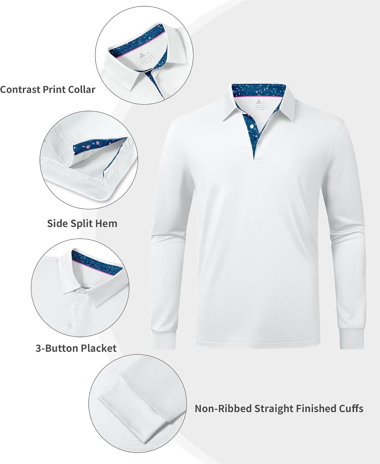 image:imageZITY Mens Long Sleeve Golf Shirts Performance Print Collared Polo ShirtWhite