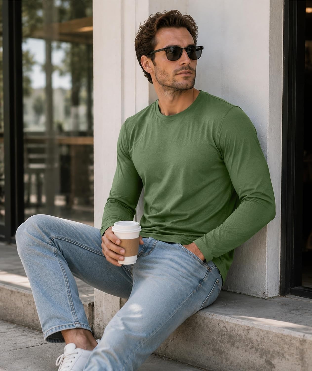 image:imageZITY Mens Long Sleeve Shirts Comfortable Basic Cotton TShirts for MenGreyNavyArmy Green