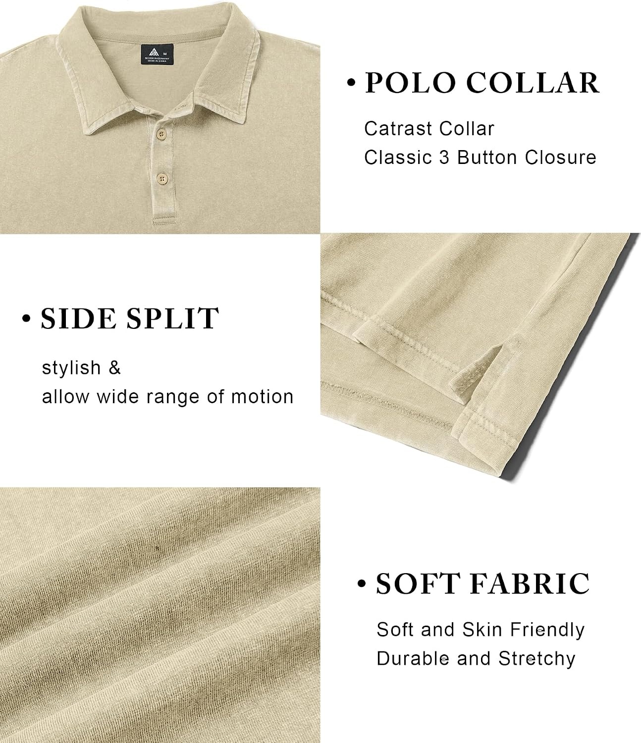 image:imageZITY Mens Long Sleeve Washed Cotton Polo Shirt Vintage Distressed Pique Collared Golf Casual ShirtApricot