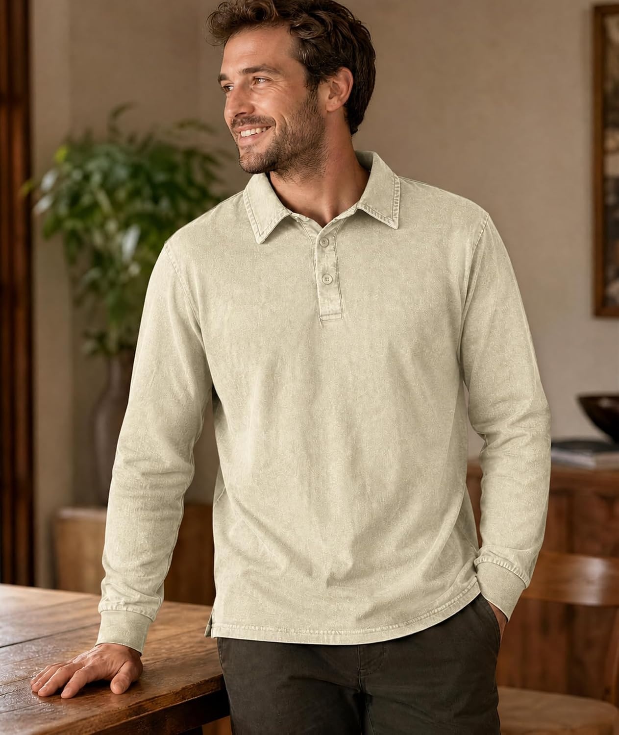 image:imageZITY Mens Long Sleeve Washed Cotton Polo Shirt Vintage Distressed Pique Collared Golf Casual ShirtApricot