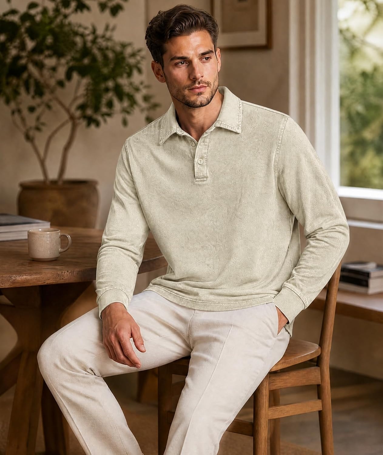 image:imageZITY Mens Long Sleeve Washed Cotton Polo Shirt Vintage Distressed Pique Collared Golf Casual ShirtApricot
