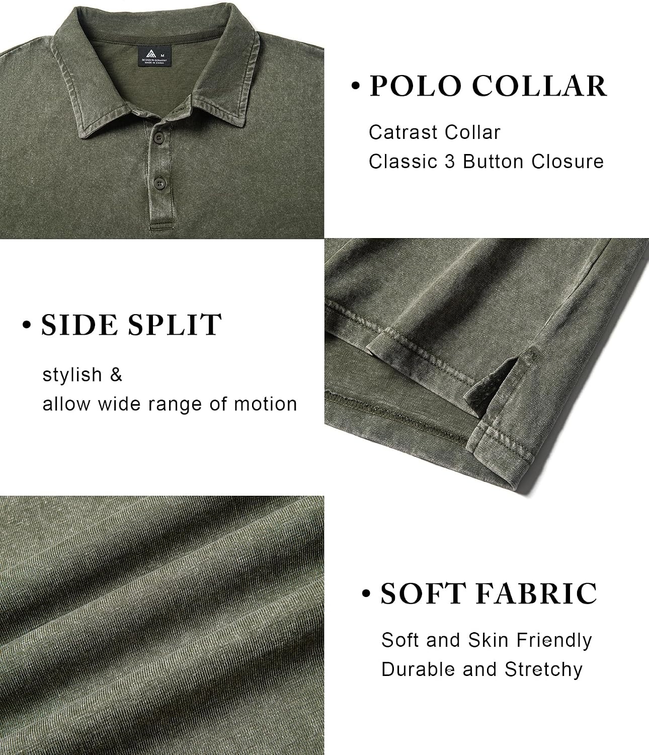image:imageZITY Mens Long Sleeve Washed Cotton Polo Shirt Vintage Distressed Pique Collared Golf Casual ShirtArmy Green