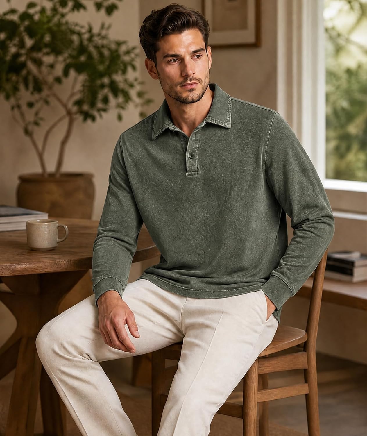image:imageZITY Mens Long Sleeve Washed Cotton Polo Shirt Vintage Distressed Pique Collared Golf Casual ShirtArmy Green