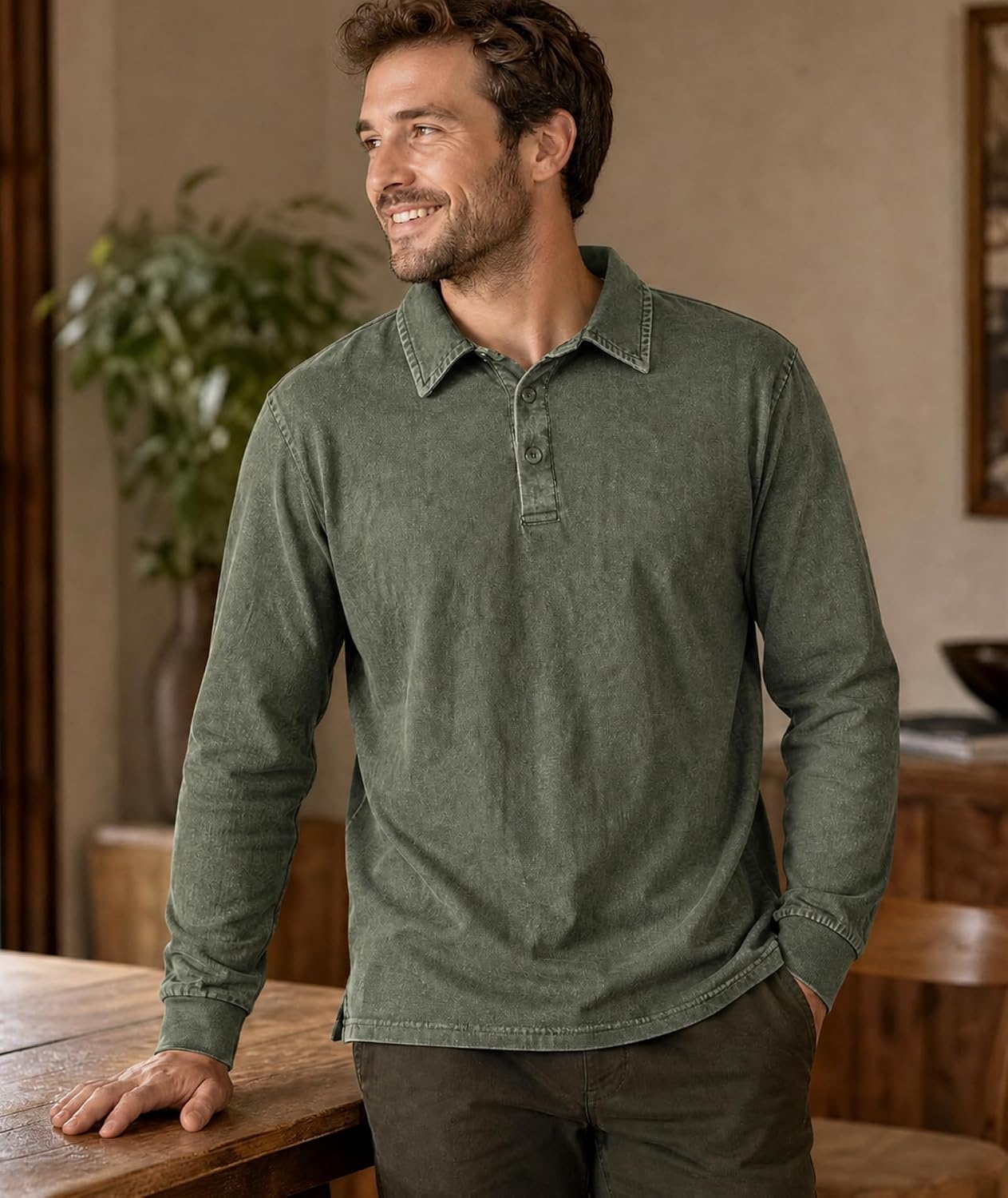 image:imageZITY Mens Long Sleeve Washed Cotton Polo Shirt Vintage Distressed Pique Collared Golf Casual ShirtArmy Green