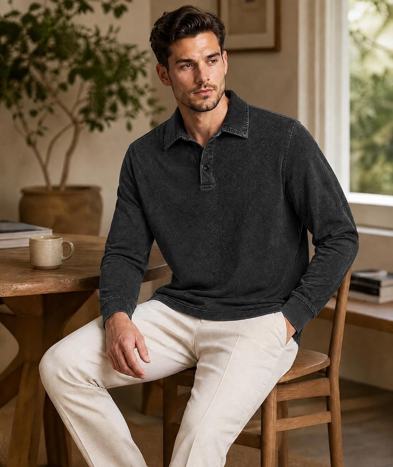 image:imageZITY Mens Long Sleeve Washed Cotton Polo Shirt Vintage Distressed Pique Collared Golf Casual ShirtBlack