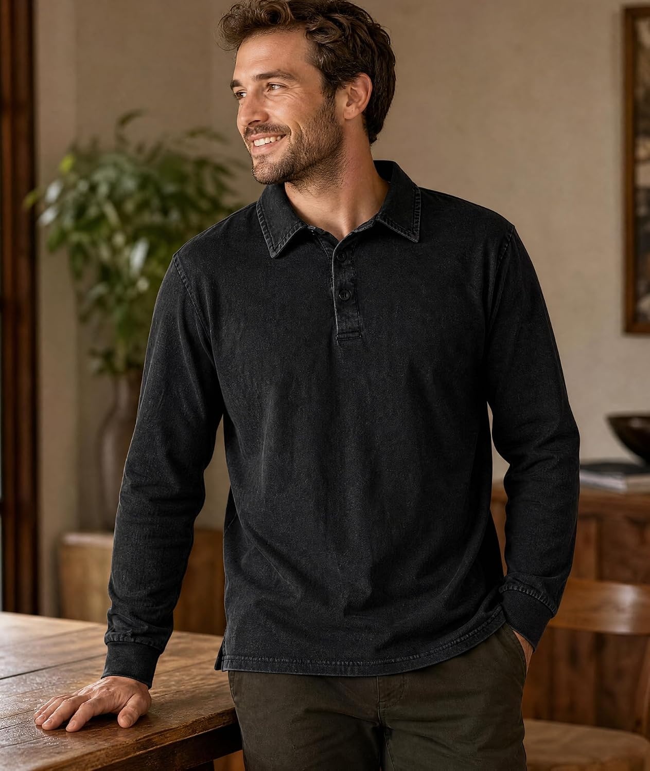 image:imageZITY Mens Long Sleeve Washed Cotton Polo Shirt Vintage Distressed Pique Collared Golf Casual ShirtBlack
