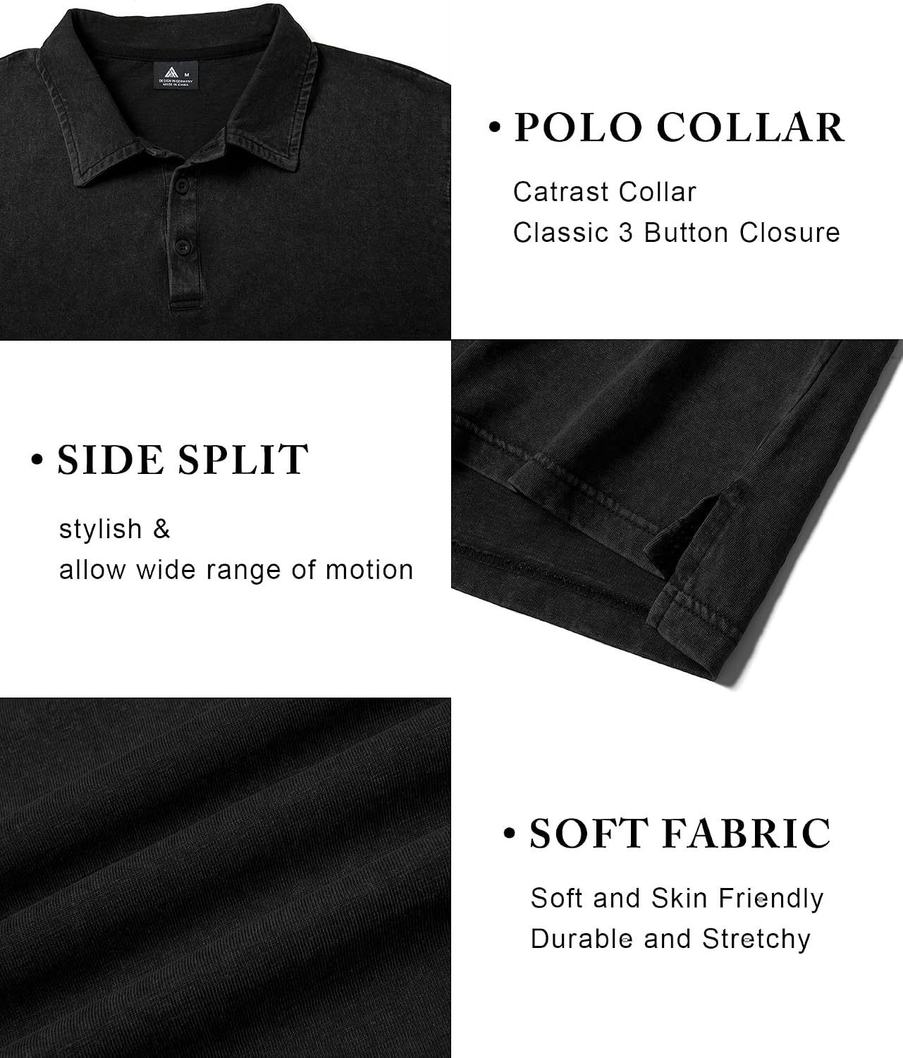image:imageZITY Mens Long Sleeve Washed Cotton Polo Shirt Vintage Distressed Pique Collared Golf Casual ShirtBlack