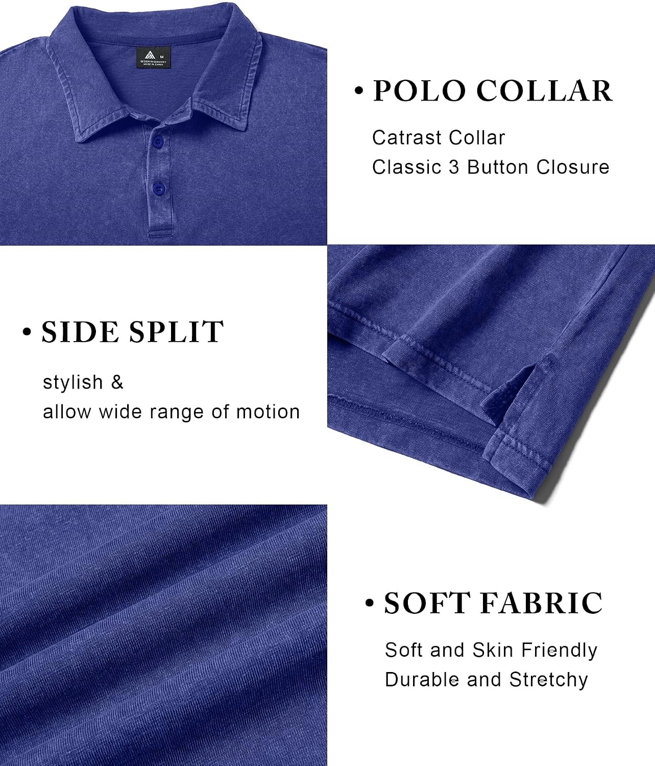 image:imageZITY Mens Long Sleeve Washed Cotton Polo Shirt Vintage Distressed Pique Collared Golf Casual ShirtBlue