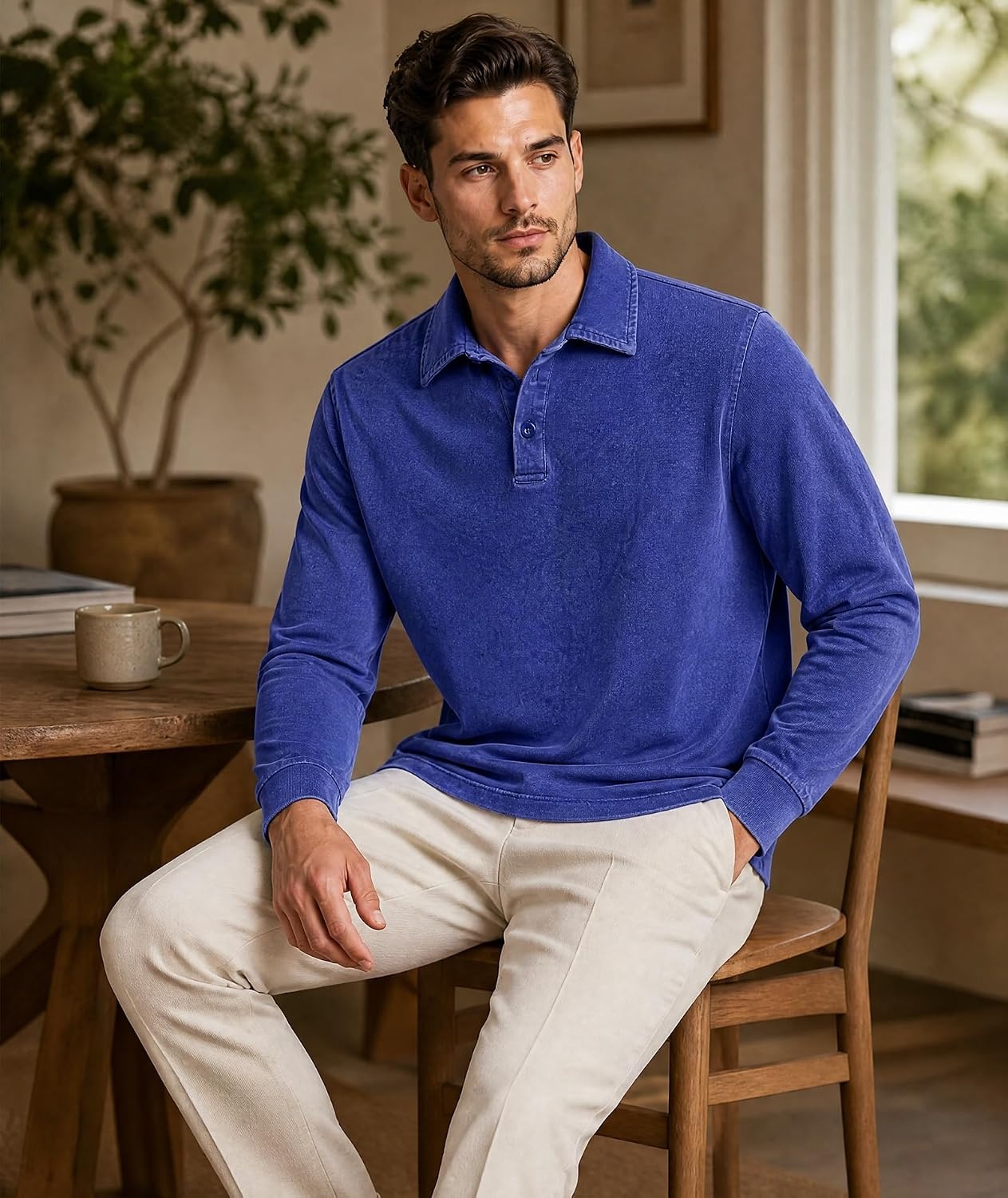 image:imageZITY Mens Long Sleeve Washed Cotton Polo Shirt Vintage Distressed Pique Collared Golf Casual ShirtBlue