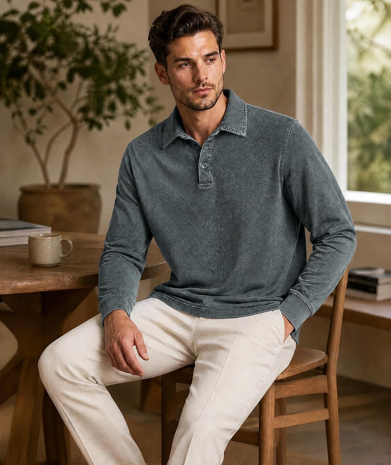 image:imageZITY Mens Long Sleeve Washed Cotton Polo Shirt Vintage Distressed Pique Collared Golf Casual ShirtGrey