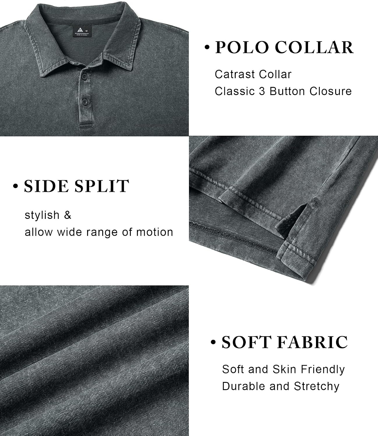 image:imageZITY Mens Long Sleeve Washed Cotton Polo Shirt Vintage Distressed Pique Collared Golf Casual ShirtGrey