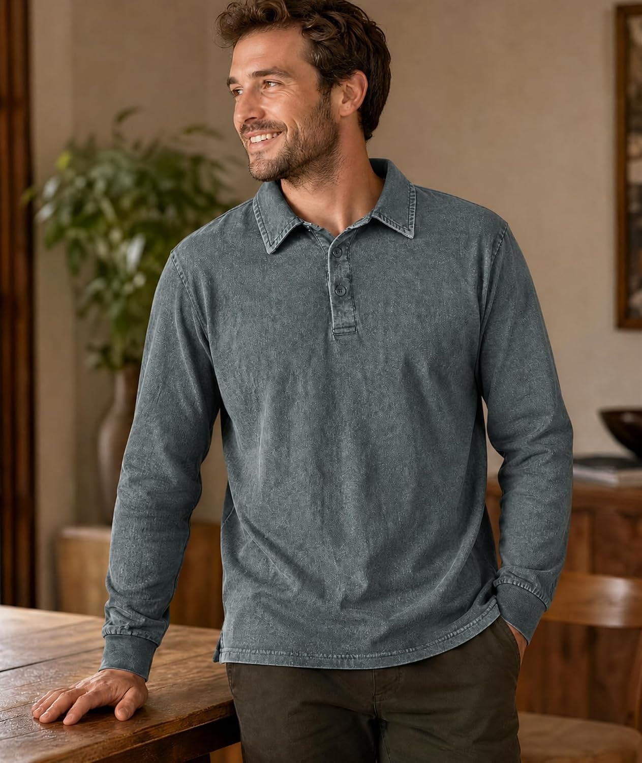 image:imageZITY Mens Long Sleeve Washed Cotton Polo Shirt Vintage Distressed Pique Collared Golf Casual ShirtGrey