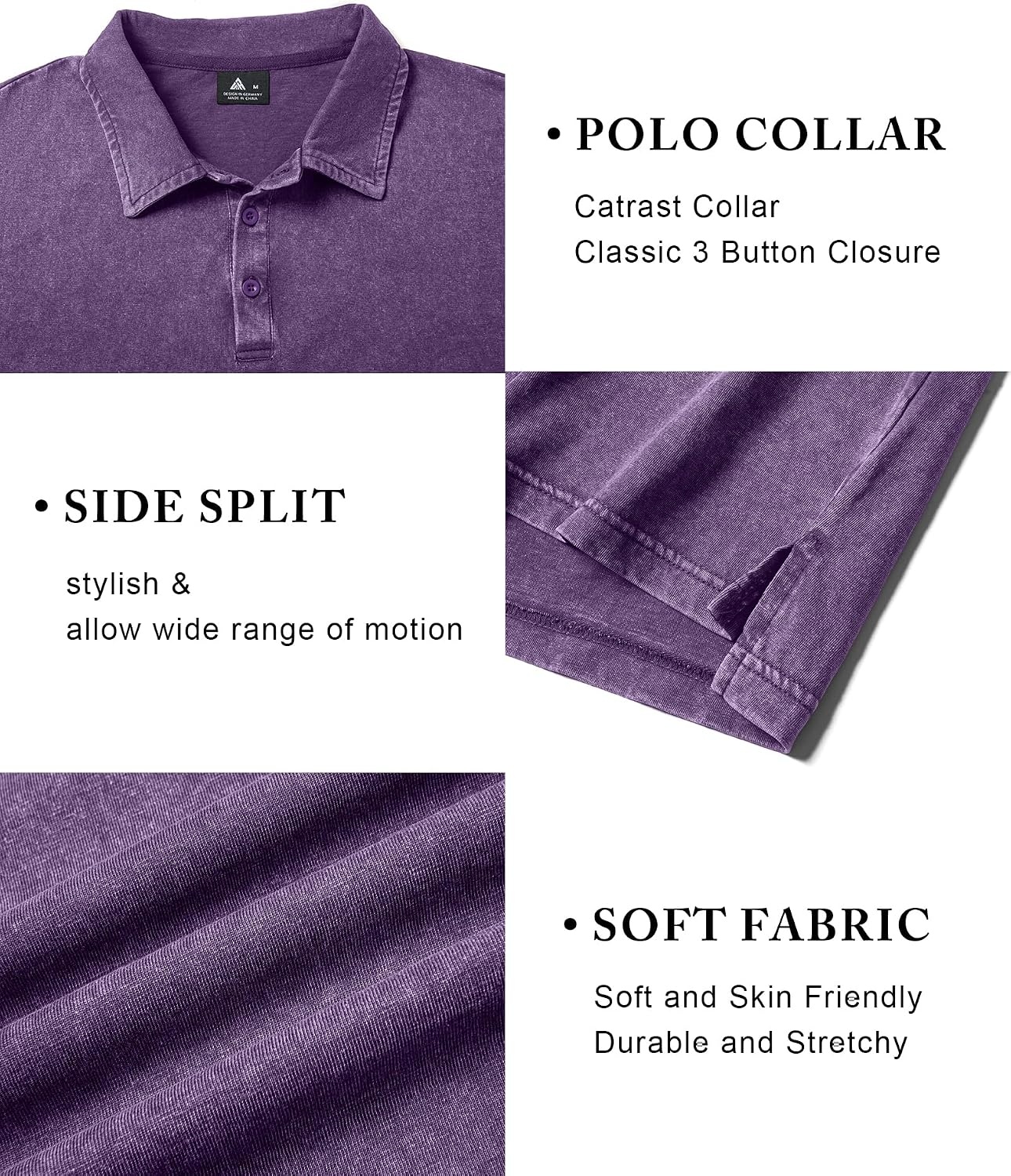 image:imageZITY Mens Long Sleeve Washed Cotton Polo Shirt Vintage Distressed Pique Collared Golf Casual ShirtPurple