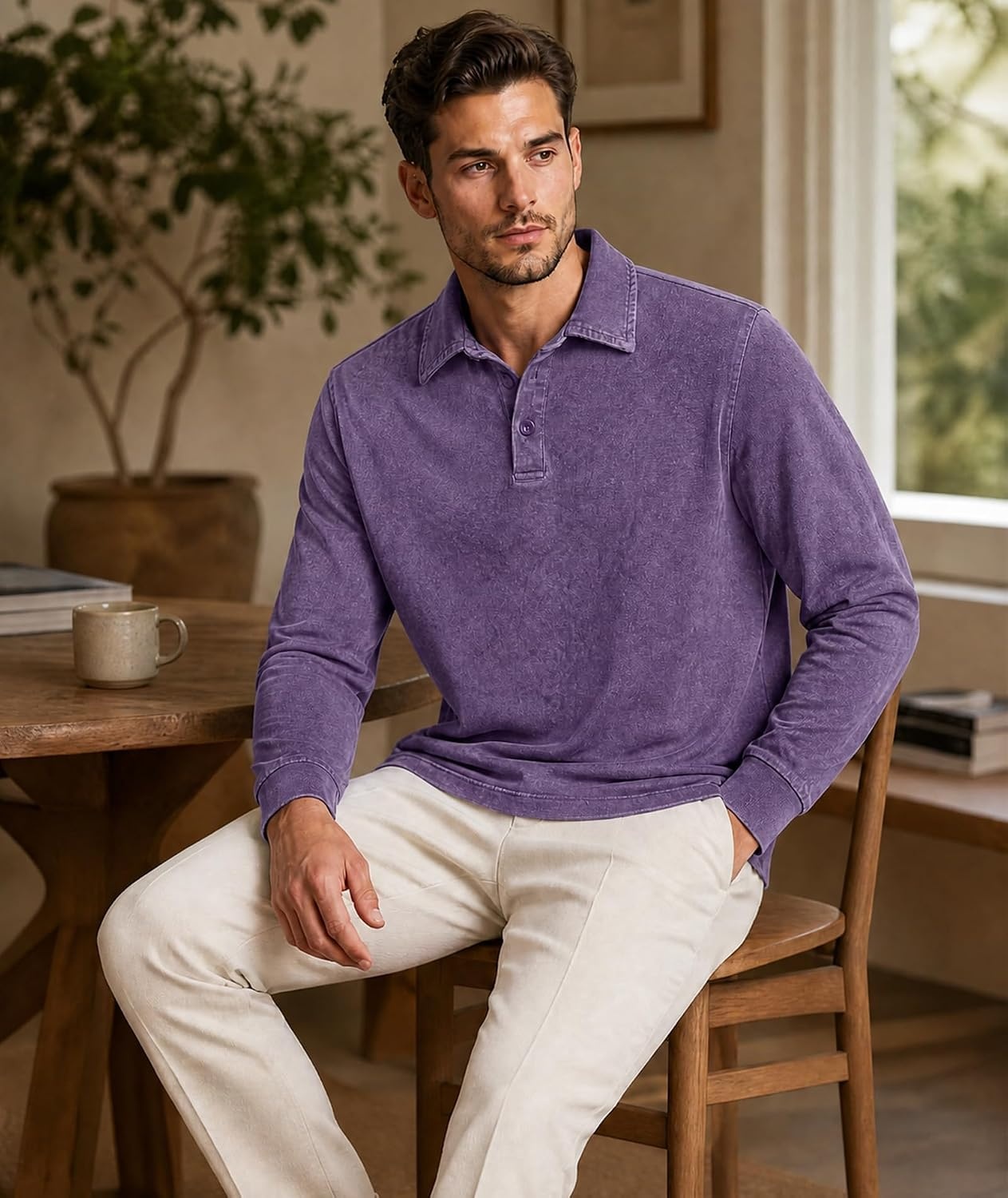 image:imageZITY Mens Long Sleeve Washed Cotton Polo Shirt Vintage Distressed Pique Collared Golf Casual ShirtPurple