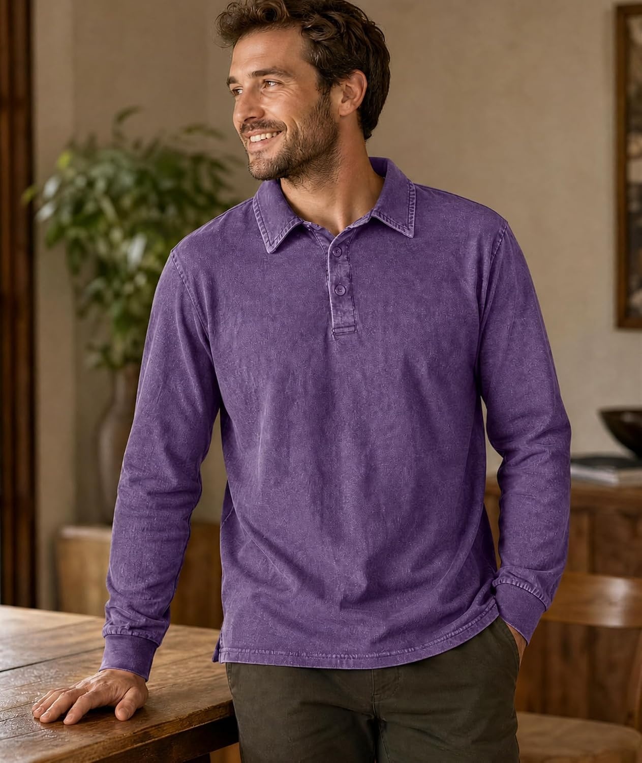 image:imageZITY Mens Long Sleeve Washed Cotton Polo Shirt Vintage Distressed Pique Collared Golf Casual ShirtPurple