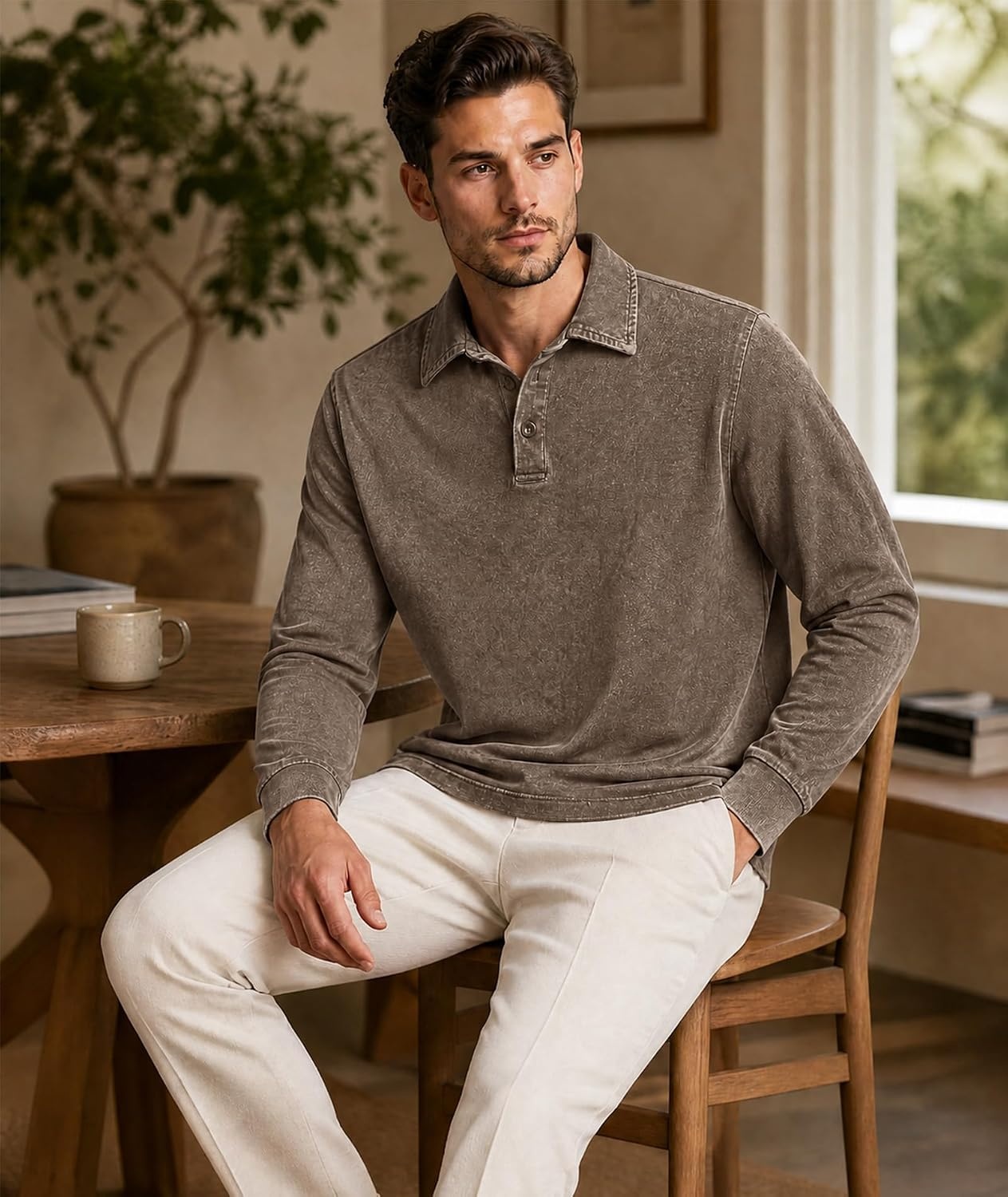 image:imageZITY Mens Long Sleeve Washed Cotton Polo Shirt Vintage Distressed Pique Collared Golf Casual ShirtVintage Brown