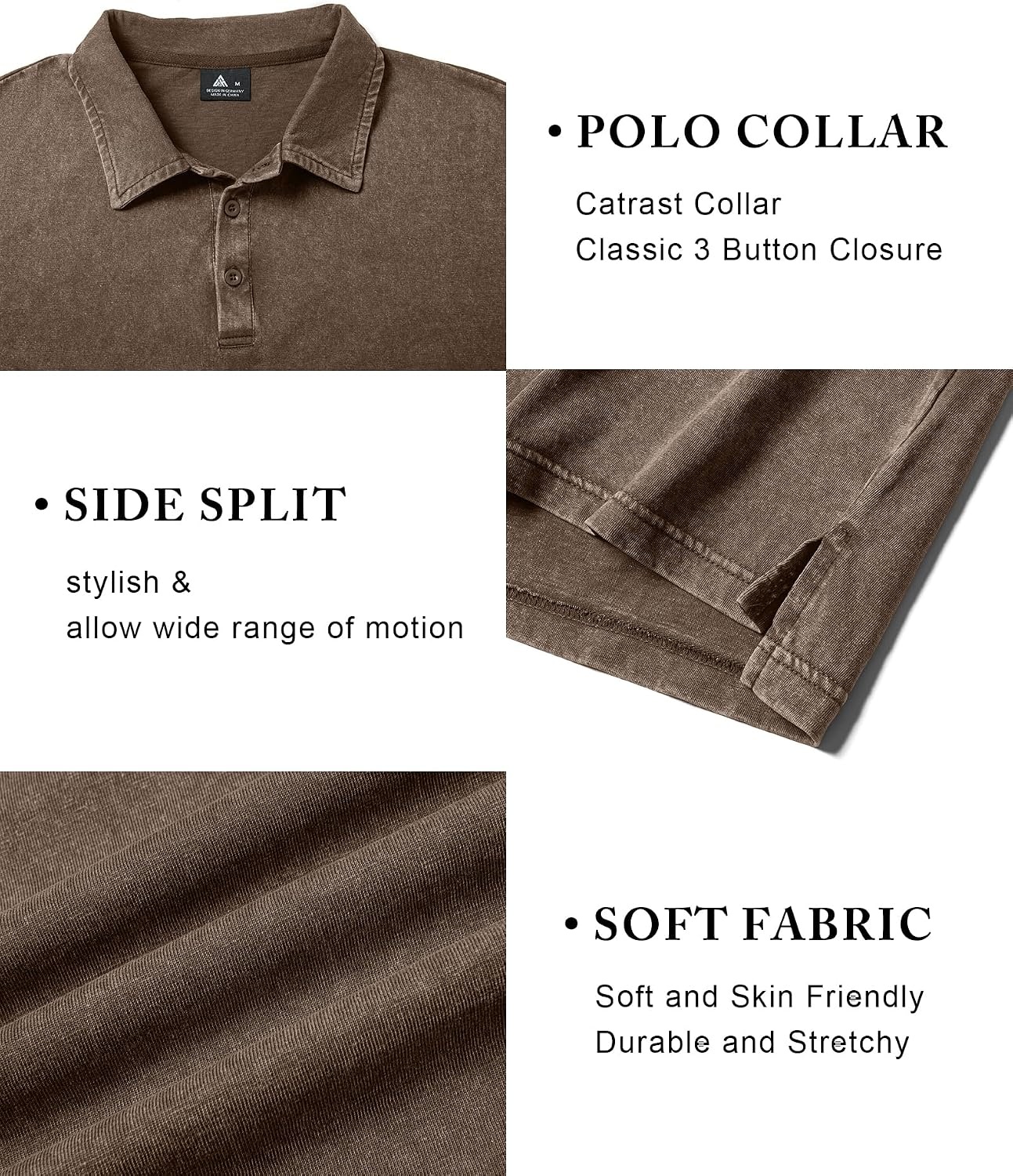 image:imageZITY Mens Long Sleeve Washed Cotton Polo Shirt Vintage Distressed Pique Collared Golf Casual ShirtVintage Brown