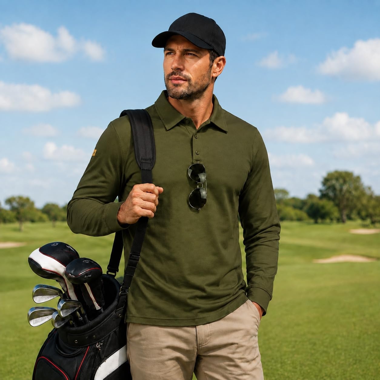 image:imageZITY Mens Polo Shirt Long Sleeve Moisture Wicking Athletic Golf PolosArmy Green