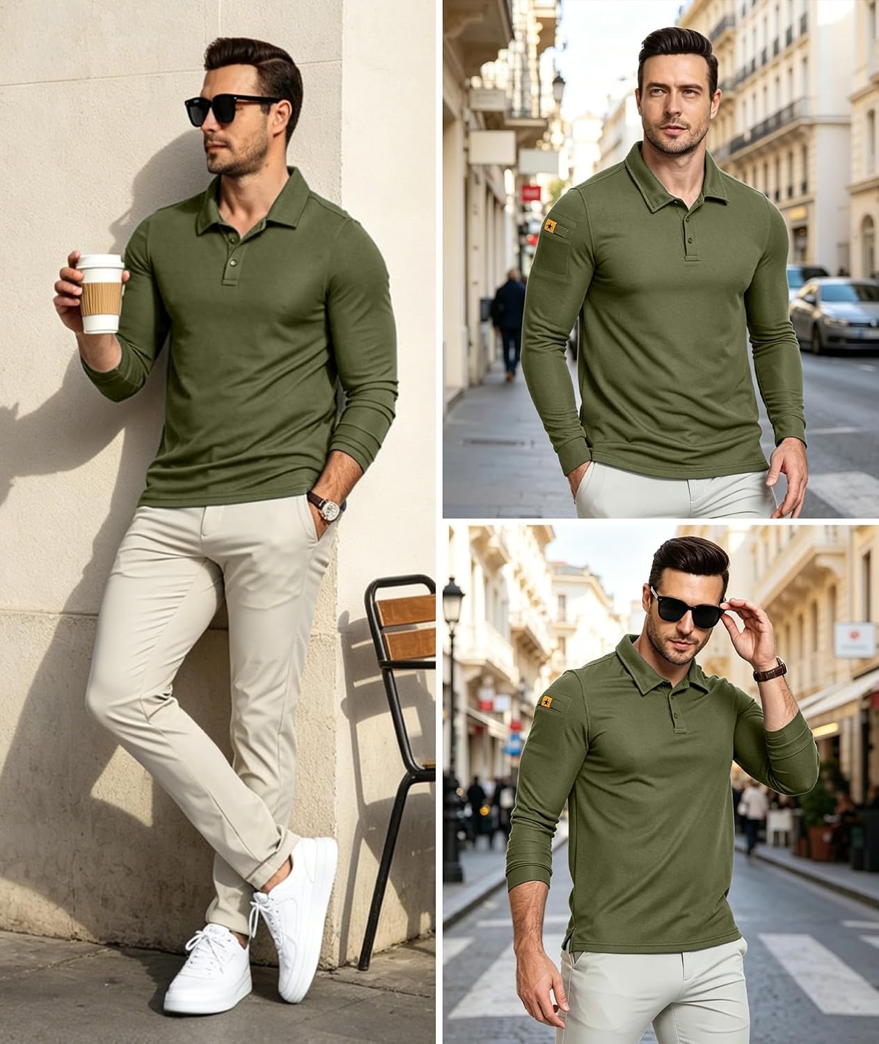 image:imageZITY Mens Polo Shirt Long Sleeve Moisture Wicking Athletic Golf PolosArmy Green