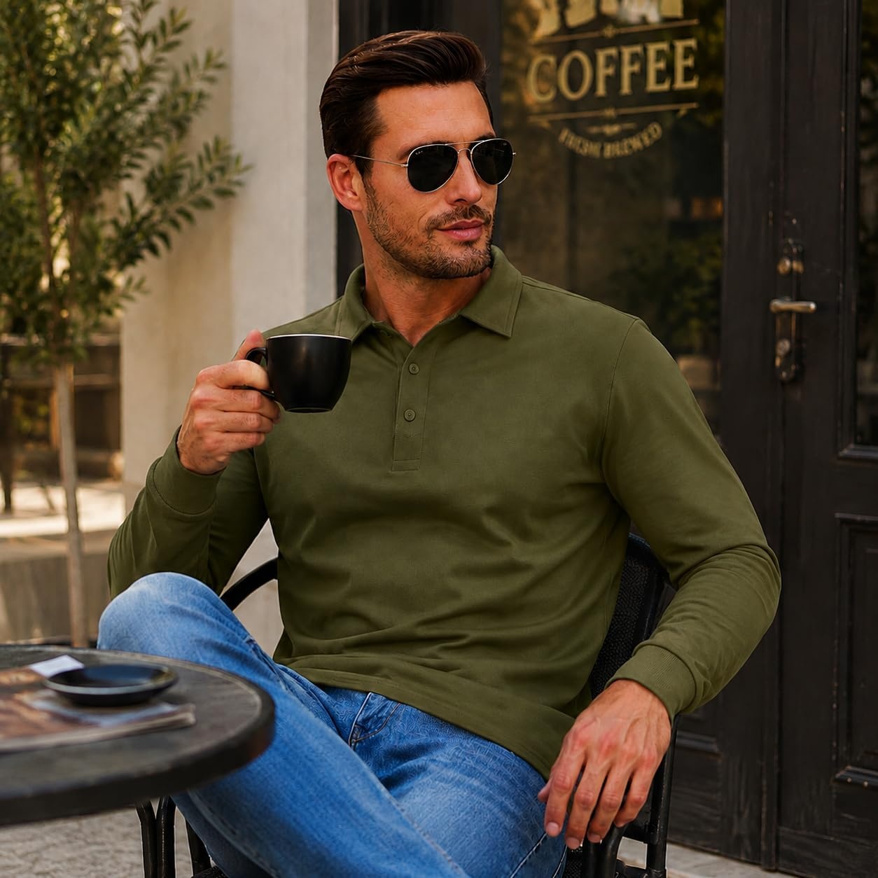 image:imageZITY Mens Polo Shirt Long Sleeve Moisture Wicking Athletic Golf PolosArmy Green