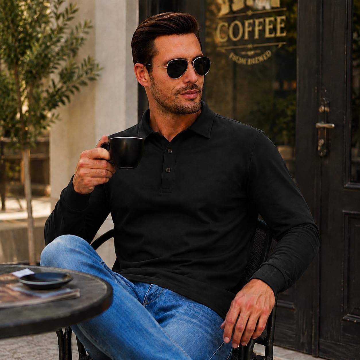 image:imageZITY Mens Polo Shirt Long Sleeve Moisture Wicking Athletic Golf PolosBlack