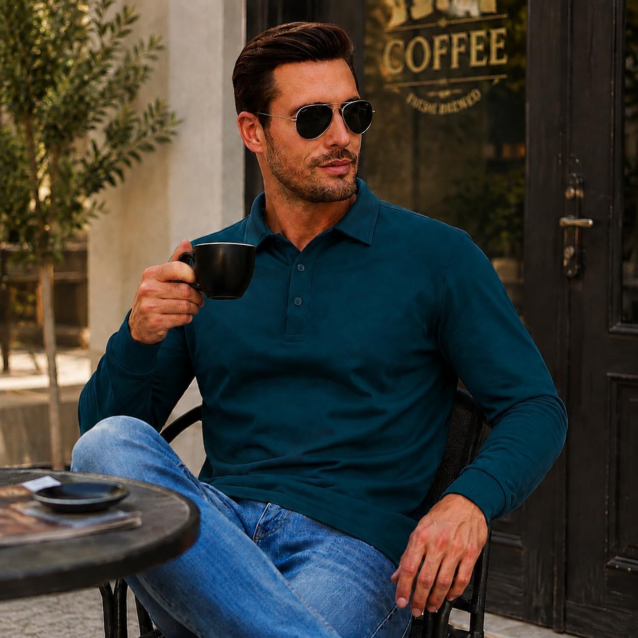image:imageZITY Mens Polo Shirt Long Sleeve Moisture Wicking Athletic Golf PolosDark Teal Blue