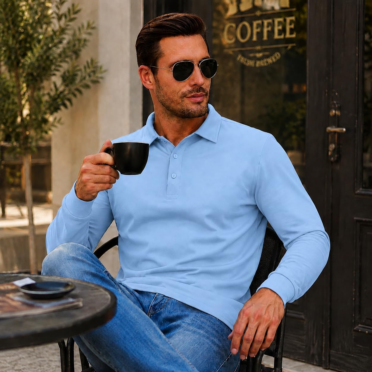 image:imageZITY Mens Polo Shirt Long Sleeve Moisture Wicking Athletic Golf PolosMoon Blue