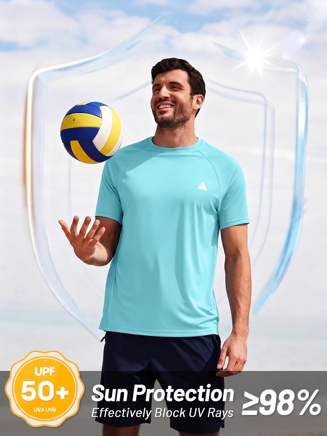 image:imageZITY Mens Workout Swim Shirts UPF 50 Rash Guard Quick Dry Short SleeveLight Blue