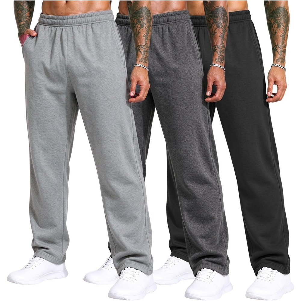 image:image3 Pack Mens Open Bottom Sweatpants Athletic Lounge Pants with PocketsBlackdarkgreylightgrey