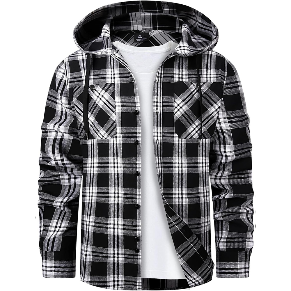 image:imageMens Flannel Hoodie Lightweight Button Down Long Sleeve Shirts with PocketBlack Grey