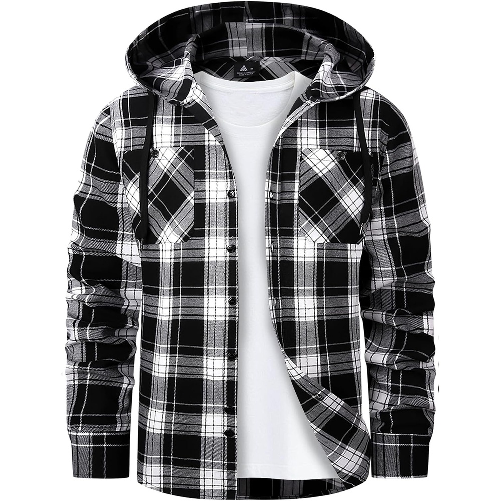 image:imageMens Flannel Hoodie Lightweight Button Down Long Sleeve Shirts with PocketBlack White