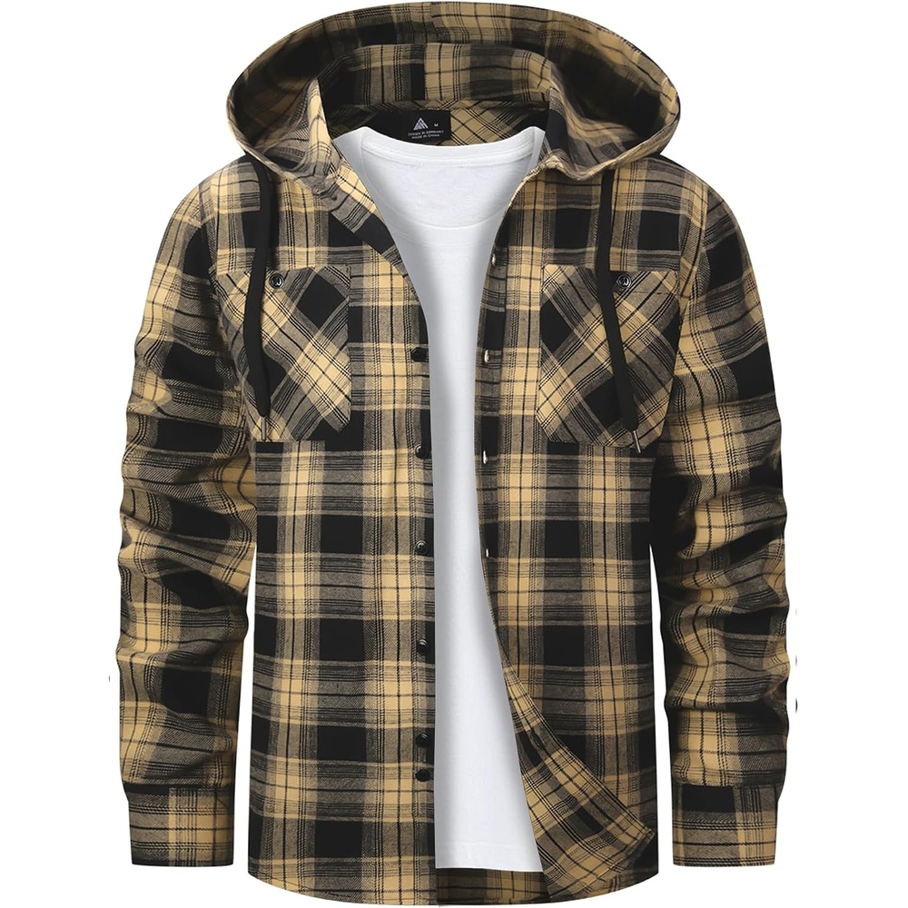 image:imageMens Flannel Hoodie Lightweight Button Down Long Sleeve Shirts with PocketBlack Yellow