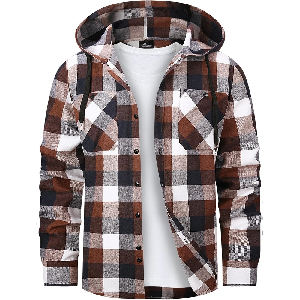 image:imageMens Flannel Hoodie Lightweight Button Down Long Sleeve Shirts with PocketBrown Plaid