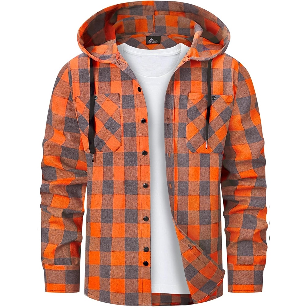 image:imageMens Flannel Hoodie Lightweight Button Down Long Sleeve Shirts with PocketOrange