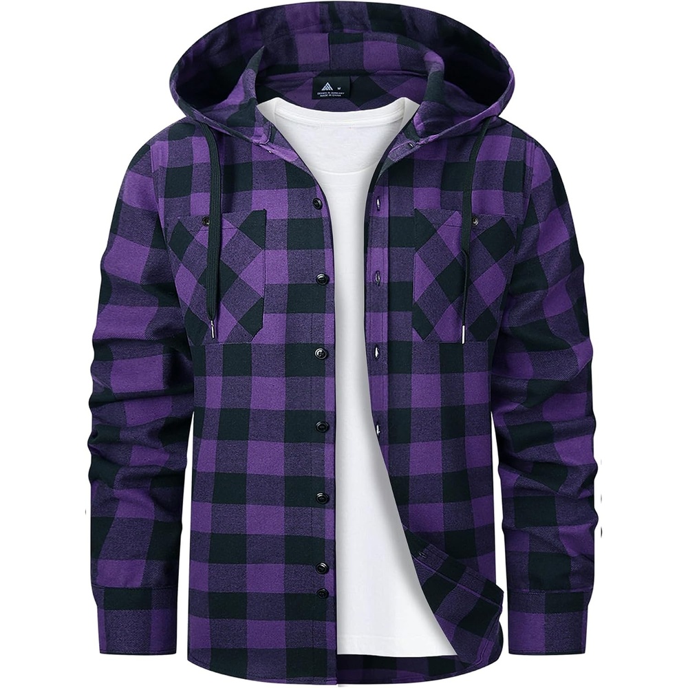 image:imageMens Flannel Hoodie Lightweight Button Down Long Sleeve Shirts with PocketPurple