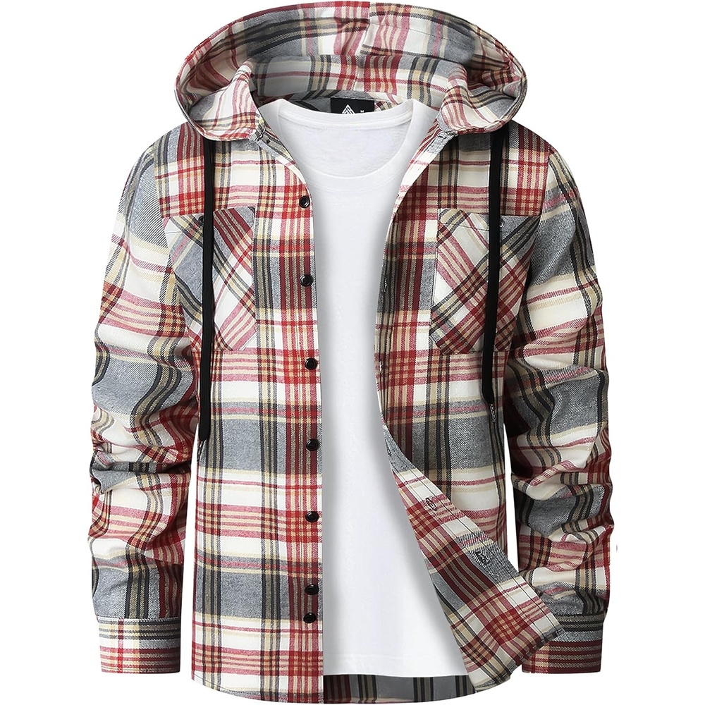image:imageMens Flannel Hoodie Lightweight Button Down Long Sleeve Shirts with PocketWine Red Plaid