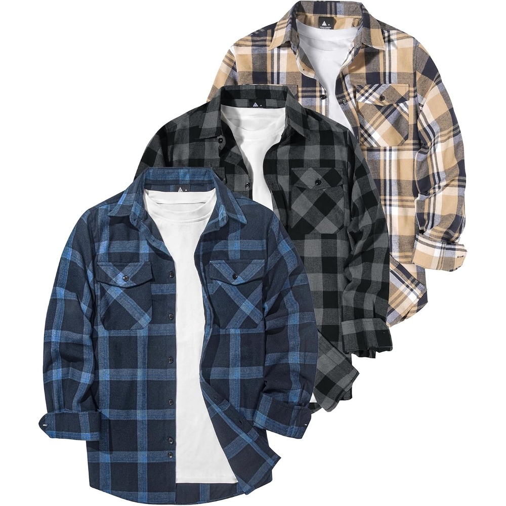 image:imageZITY 3 Pack Mens Flannel Plaid Collar Shirts Long Sleeve Button DownThree Navy Grey Beige