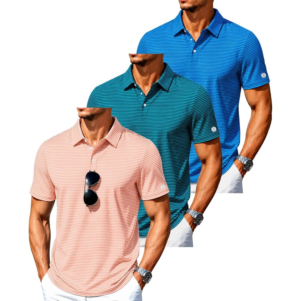 image:imageZITY 3 Pack Mens Golf Shirt Short Sleeve Performance Striped Polo ShirtsOrangeDark Blue GreenBlue