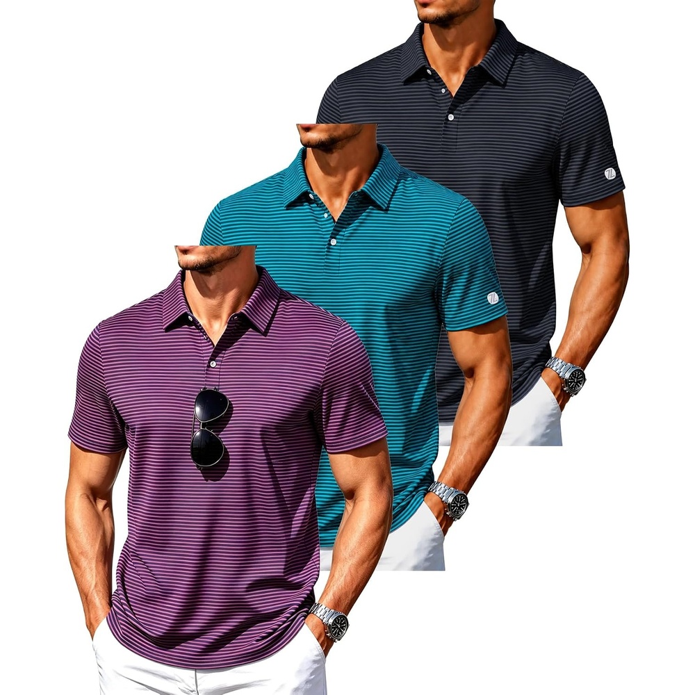image:imageZITY 3 Pack Mens Golf Shirt Short Sleeve Performance Striped Polo ShirtsRose RedDark Blue GreenBlack