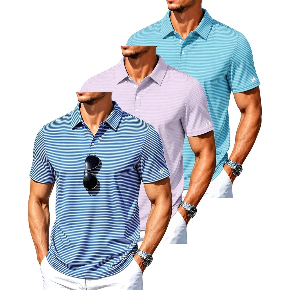 image:imageZITY 3 Pack Mens Golf Shirt Short Sleeve Performance Striped Polo ShirtsWhite BluePurpleBlue Green