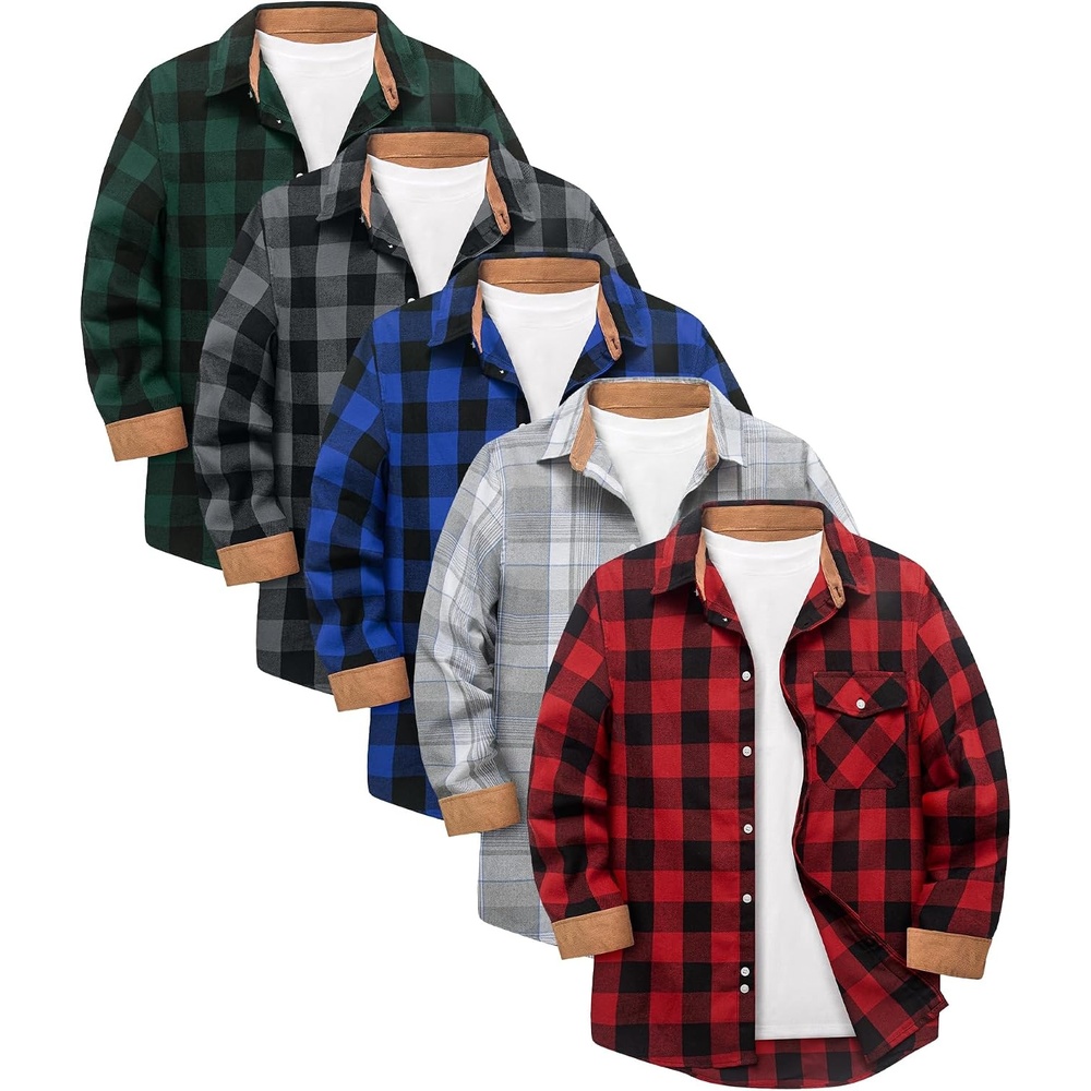 image:imageZITY 5 Pack Mens Flannel Shirt Long Sleeve Button Down Plaid ShirtsGreendark Graybluelight Gray Gridred